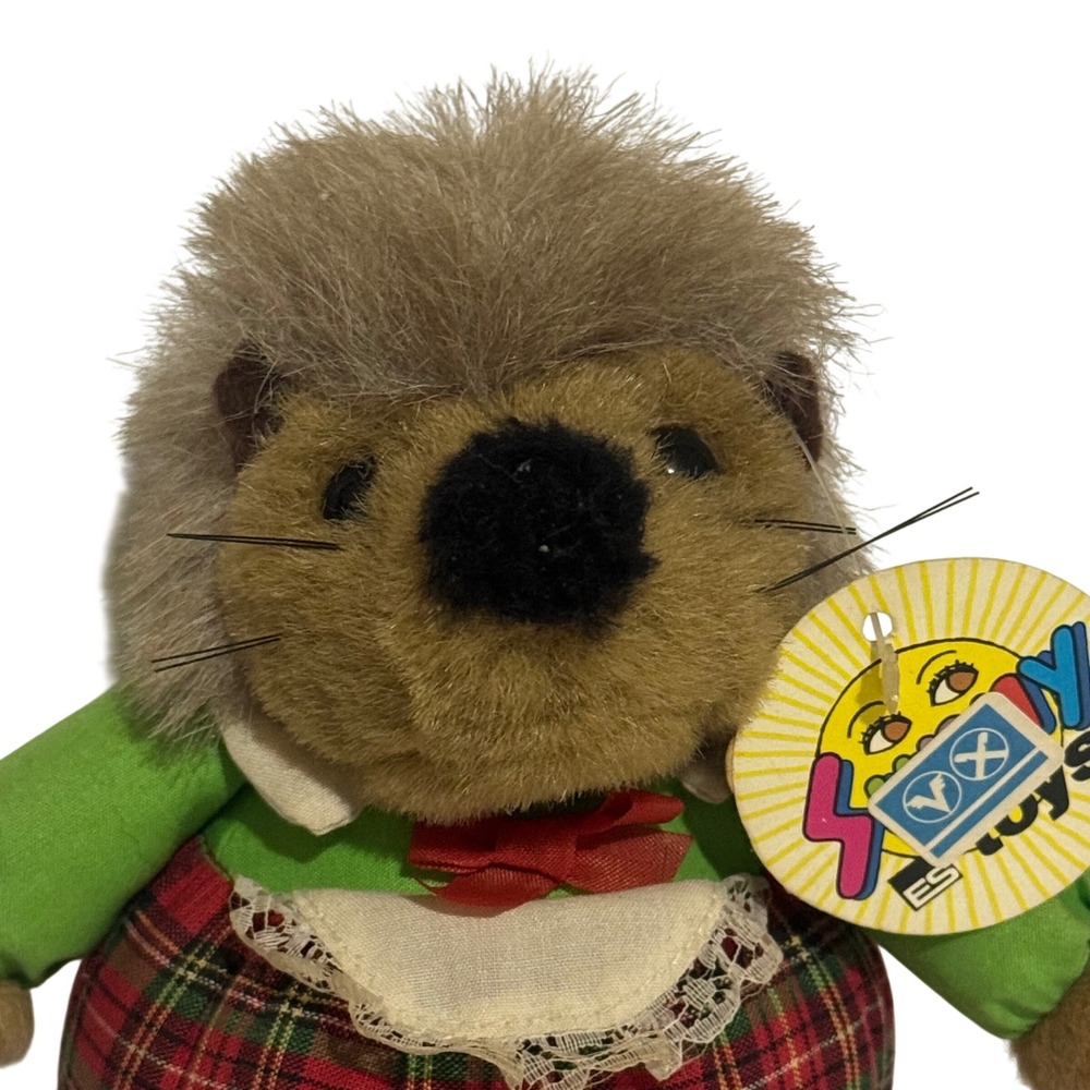 Vintage 90s Germany Hedgehog Plush Ornament Plaid Outfit Green 31074/749599 - Picture 2 of 6